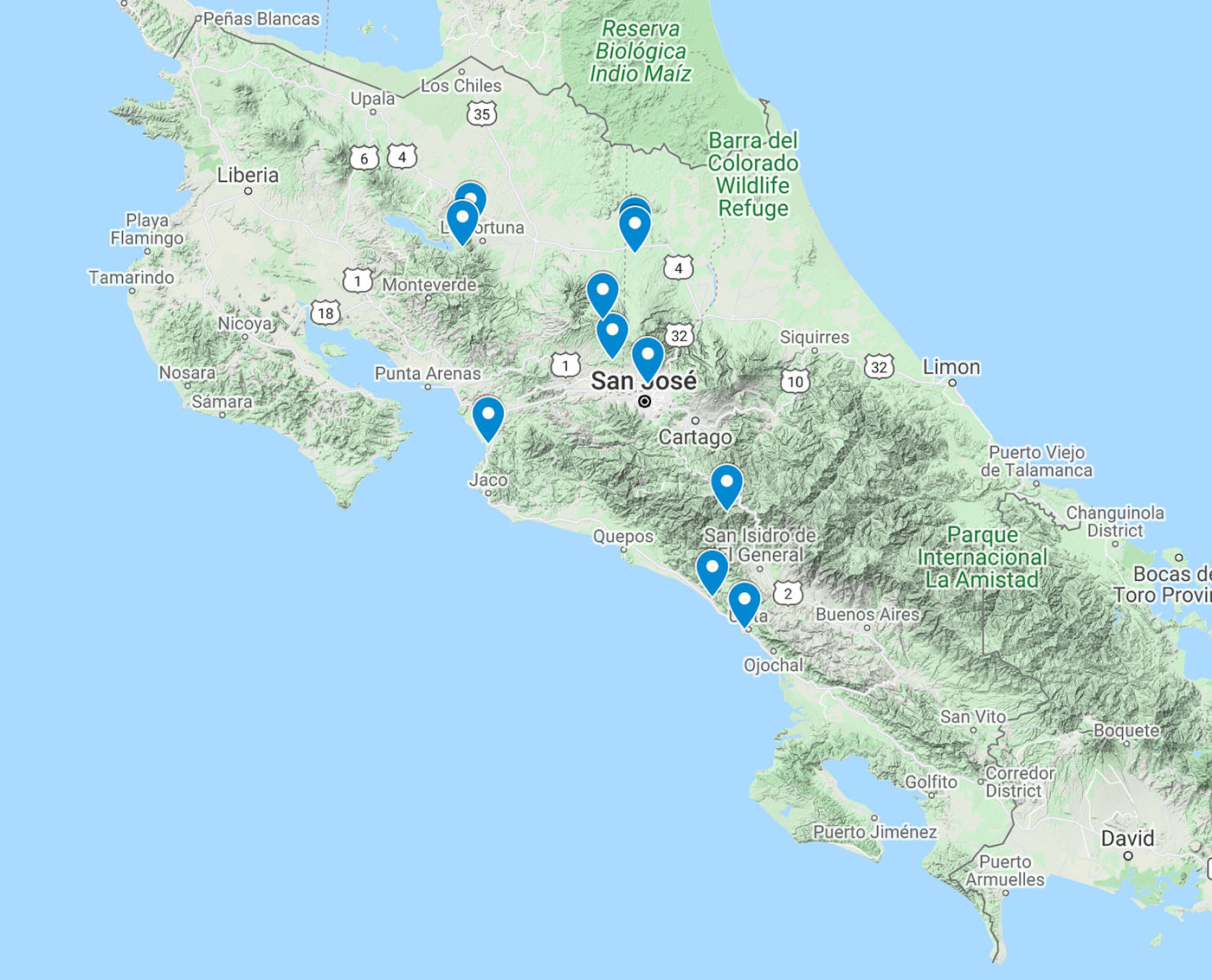 Destinations Map 2021 Costa Rica Ecotour