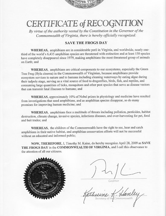 Tim Kaine Save The Frogs Day Proclamation